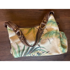 Liz Claiborne Fabric & Leather Purse Handbag Tropical‎ Print Shoulder Bag
